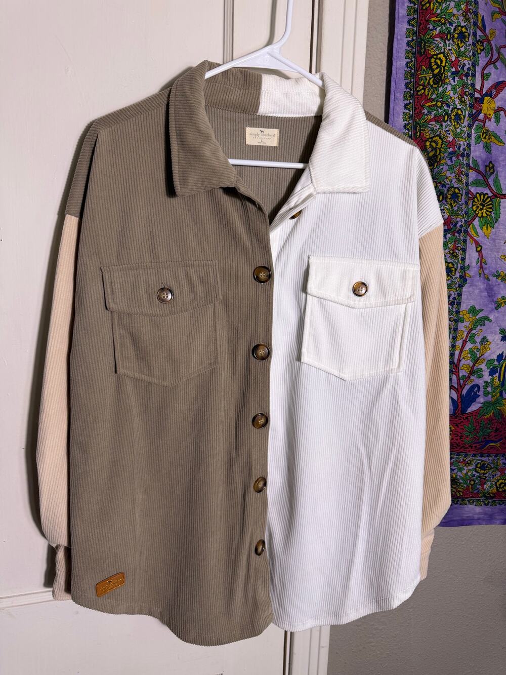 Simply Southern Colorblock Corduroy Shacket Oversized Button Up Neutral - Large